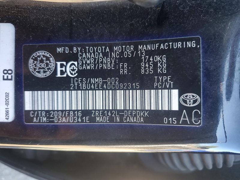 66576606 :رقم المزاد ، 2T1BU4EE4DC092315 vin ، 2013 Toyota Corolla مزاد بيع