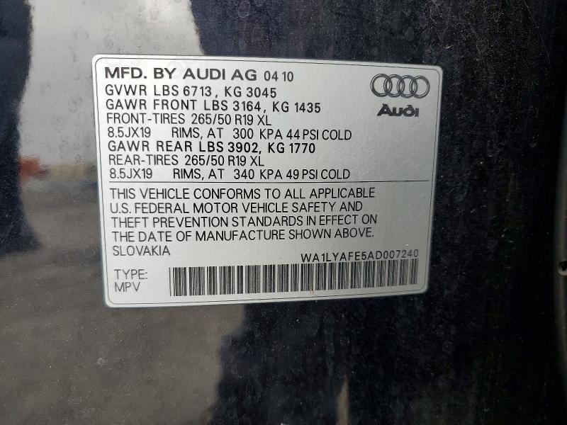 2010 Audi Q7 მანქანა იყიდება აუქციონზე, vin: WA1LYAFE5AD007240, აუქციონის ნომერი: 63601756
