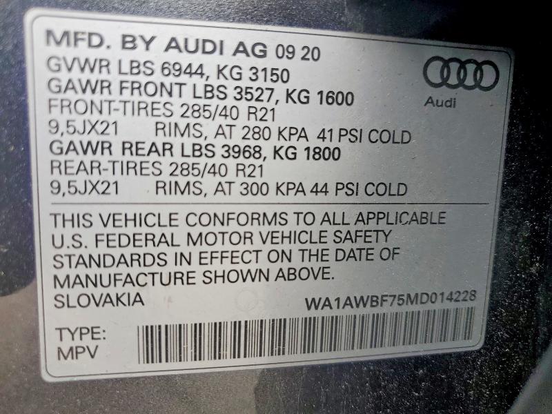 Aukcja sprzedaży 2021 Audi Sq7, vin: WA1AWBF75MD014228, numer aukcji: 63667706