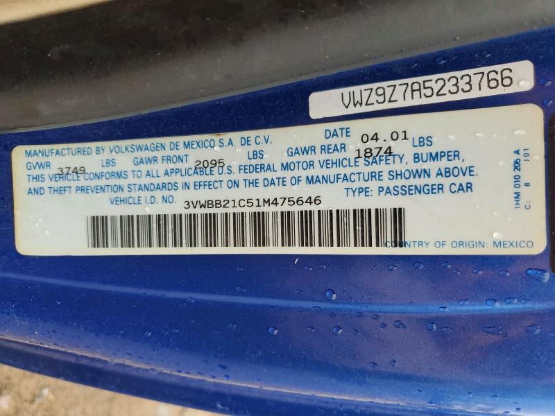 2001 Volkswagen New Beetle მანქანა იყიდება აუქციონზე, vin: 3VWBB21C51M475646, აუქციონის ნომერი: 64540706