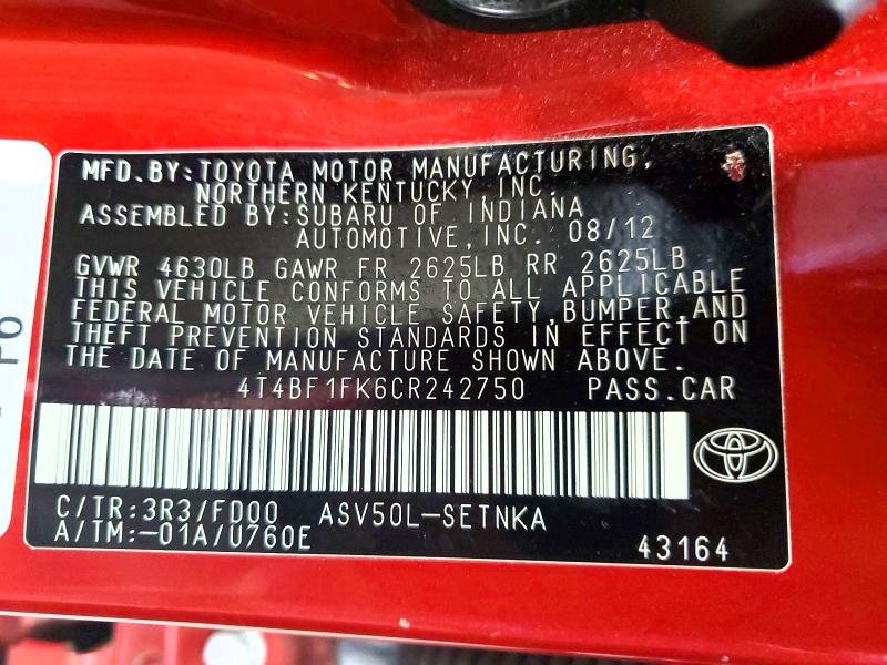 Продаж на аукціоні авто 2012 Toyota Camry, vin: 4T4BF1FK6CR242750, номер лоту: 63882686