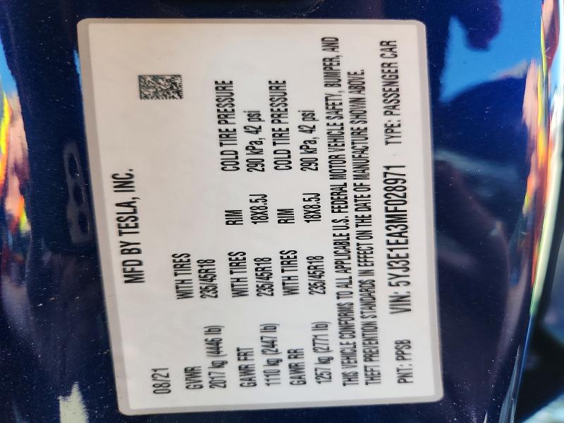 Aukcja sprzedaży 2021 Tesla Model 3, vin: 5YJ3E1EA3MF028971, numer aukcji: 65621576