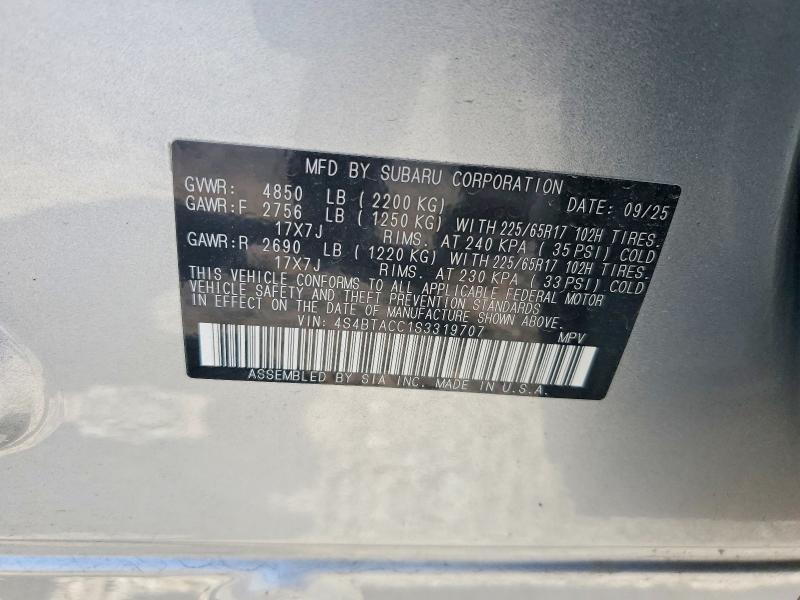 2025 Subaru Outback მანქანა იყიდება აუქციონზე, vin: 4S4BTACC1S3319707, აუქციონის ნომერი: 63860616