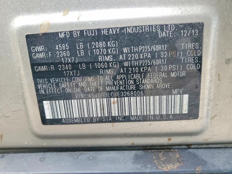 2014 Subaru Outback მანქანა იყიდება აუქციონზე, vin: 4S4BRBLCXE3268006, აუქციონის ნომერი: 63133546