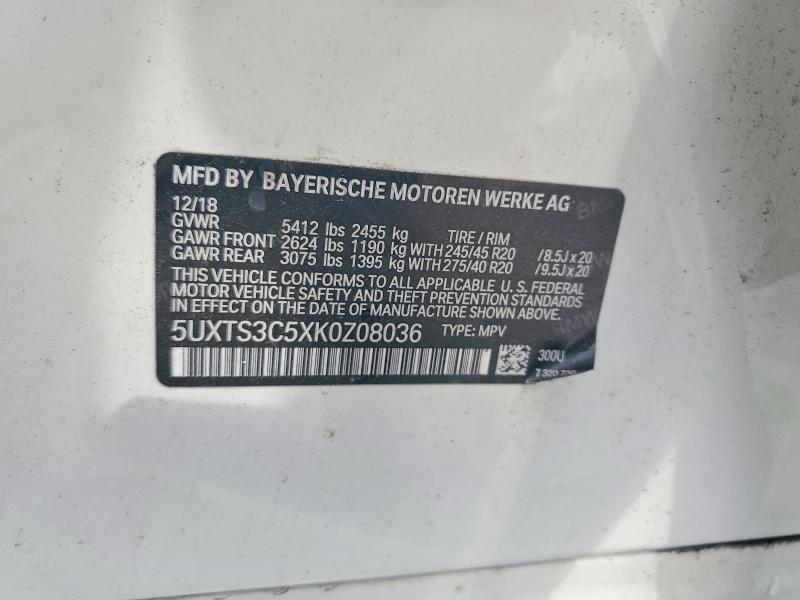 64331786 :رقم المزاد ، 5UXTS3C5XK0Z08036 vin ، 2019 Bmw X3 مزاد بيع
