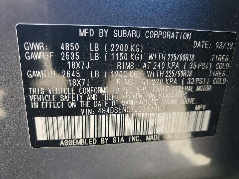 Продажа на аукционе авто 2018 Subaru Outback, vin: 4S4BSENC7J3342267, номер лота: 63918536