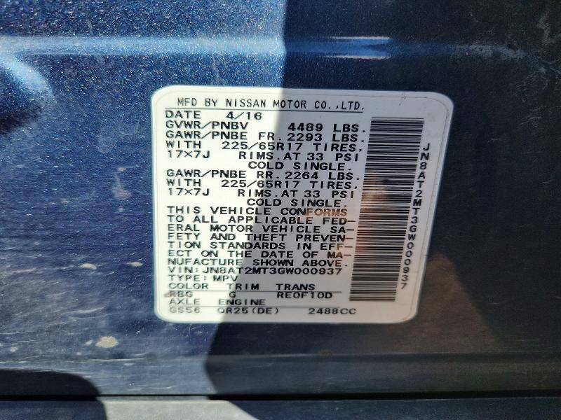 2016 Nissan Rogue მანქანა იყიდება აუქციონზე, vin: JN8AT2MT3GW000937, აუქციონის ნომერი: 65719906