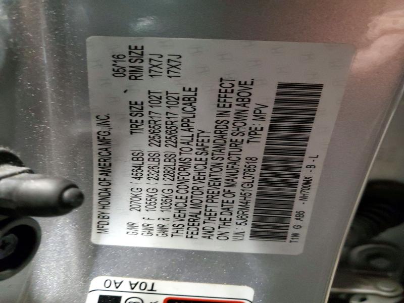 Aukcja sprzedaży 2016 Honda Cr-v, vin: 5J6RM4H51GL078518, numer aukcji: 64045786