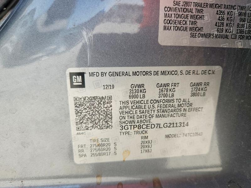 2020 Gmc Sierra მანქანა იყიდება აუქციონზე, vin: 3GTP8CED7LG211314, აუქციონის ნომერი: 66934926