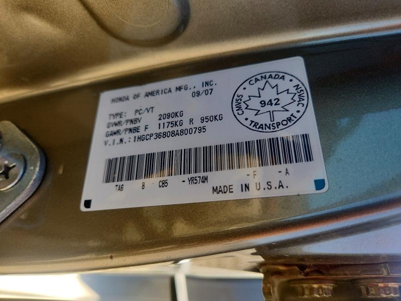 64821566 :رقم المزاد ، 1HGCP36808A800795 vin ، 2008 Honda Accord مزاد بيع