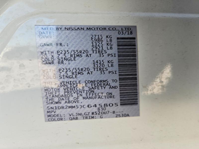 Продаж на аукціоні авто 2018 Nissan Pathfinder, vin: 5N1DR2MM5JC645805, номер лоту: 64681406