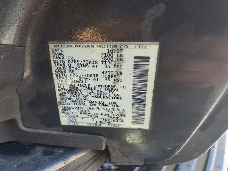 2008 Nissan Titan მანქანა იყიდება აუქციონზე, vin: 1N6AA06C18N336531, აუქციონის ნომერი: 67190056