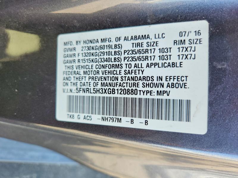 Aukcja sprzedaży 2016 Honda Odyssey, vin: 5FNRL5H3XGB120880, numer aukcji: 64048846