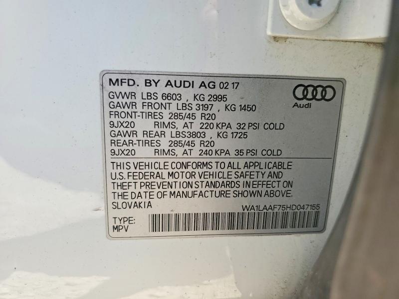 63997766 :رقم المزاد ، WA1LAAF75HD047155 vin ، 2017 Audi Q7 مزاد بيع