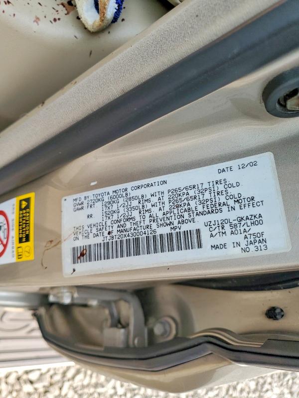 Aukcja sprzedaży 2003 Lexus Gx, vin: JTJBT20X430004126, numer aukcji: 63763096