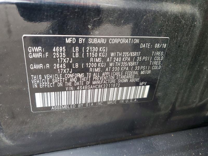 Aukcja sprzedaży 2019 Subaru Outback, vin: 4S4BSAHC8K3211872, numer aukcji: 65894536
