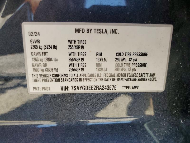 Продажа на аукционе авто 2024 Tesla Model Y, vin: 7SAYGDEE2RA243575, номер лота: 67188556