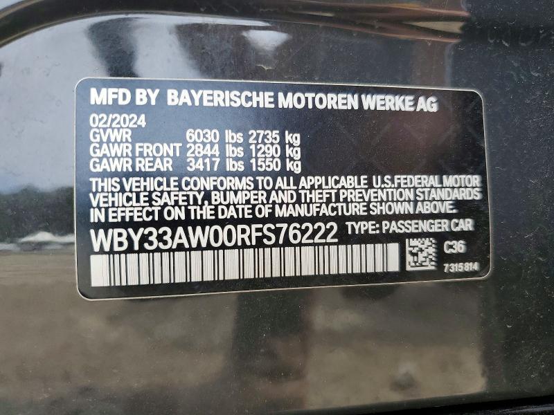 Aukcja sprzedaży 2024 Bmw I4, vin: WBY33AW00RFS76222, numer aukcji: 64682036