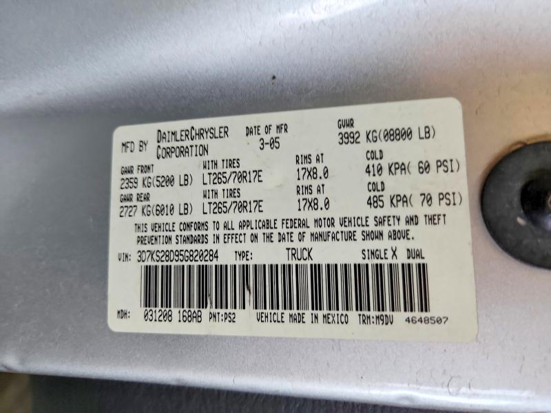 Aukcja sprzedaży 2005 Dodge Ram 2500, vin: 3D7KS28D95G820284, numer aukcji: 65337456