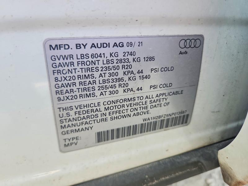 64676826 :رقم المزاد ، WA1H2BFZ9NP013997 vin ، 2022 Audi Q4 E-tron مزاد بيع