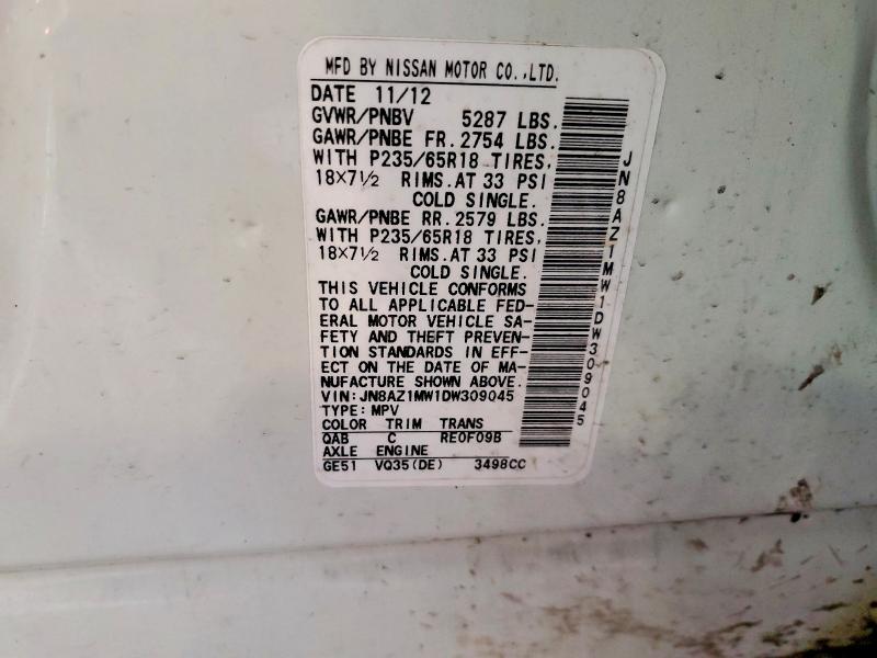 2013 Nissan Murano მანქანა იყიდება აუქციონზე, vin: JN8AZ1MW1DW309045, აუქციონის ნომერი: 65399776