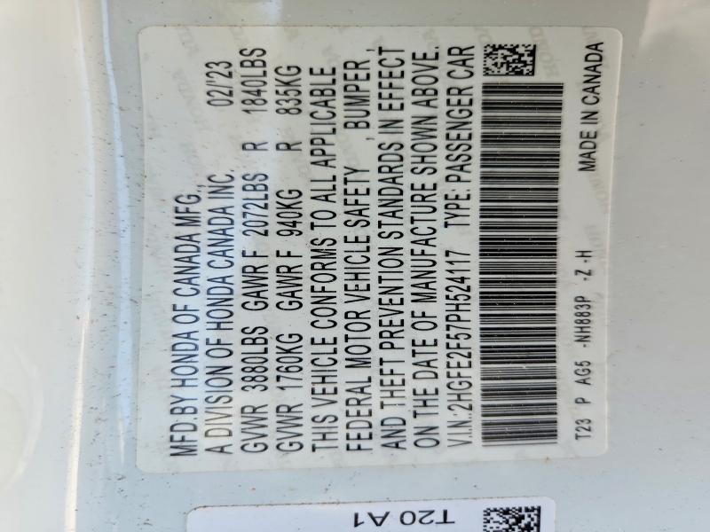 2023 Honda Civic მანქანა იყიდება აუქციონზე, vin: 2HGFE2F57PH524117, აუქციონის ნომერი: 64251986