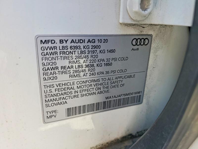 67278096 :رقم المزاد ، WA1AJAF75MD016361 vin ، 2021 Audi Q7 مزاد بيع