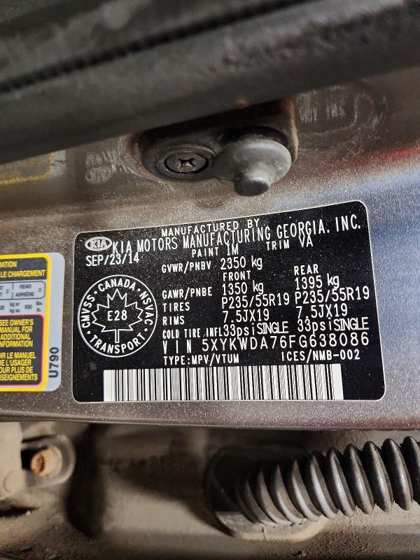 2015 Kia Sorento მანქანა იყიდება აუქციონზე, vin: 5XYKWDA76FG638086, აუქციონის ნომერი: 67248426
