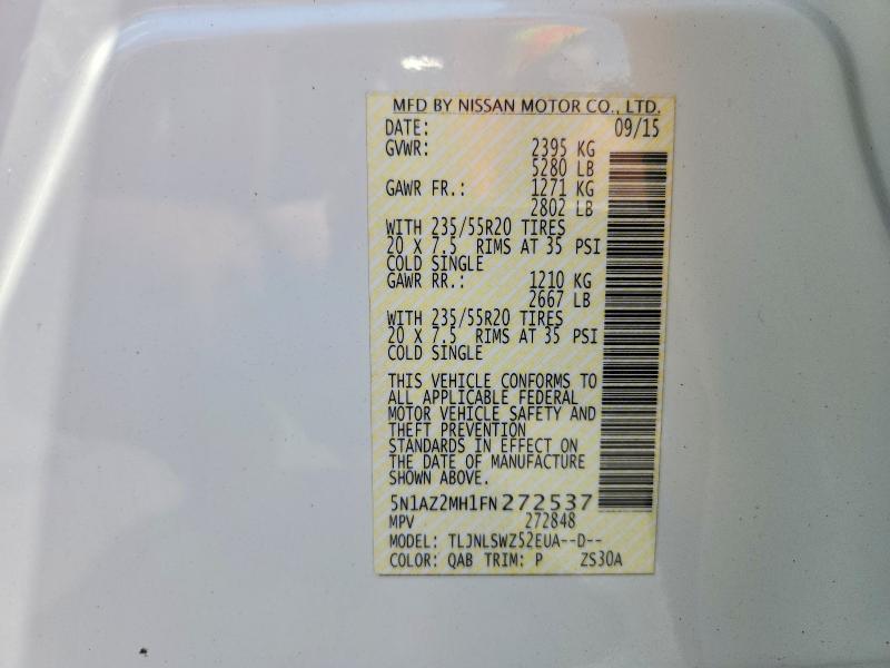 65761126 :رقم المزاد ، 5N1AZ2MH1FN272537 vin ، 2015 Nissan Murano مزاد بيع