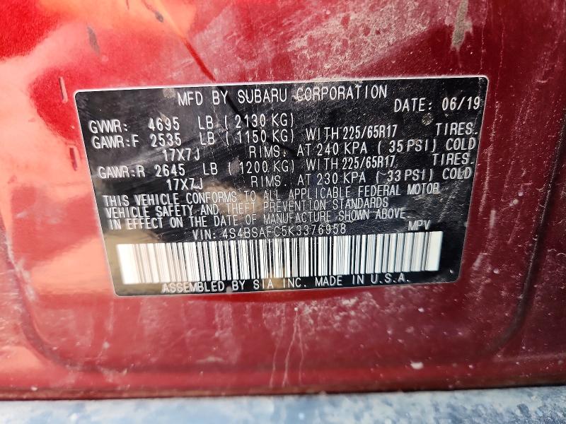 Aukcja sprzedaży 2019 Subaru Outback, vin: 4S4BSAFC5K3376958, numer aukcji: 64545526