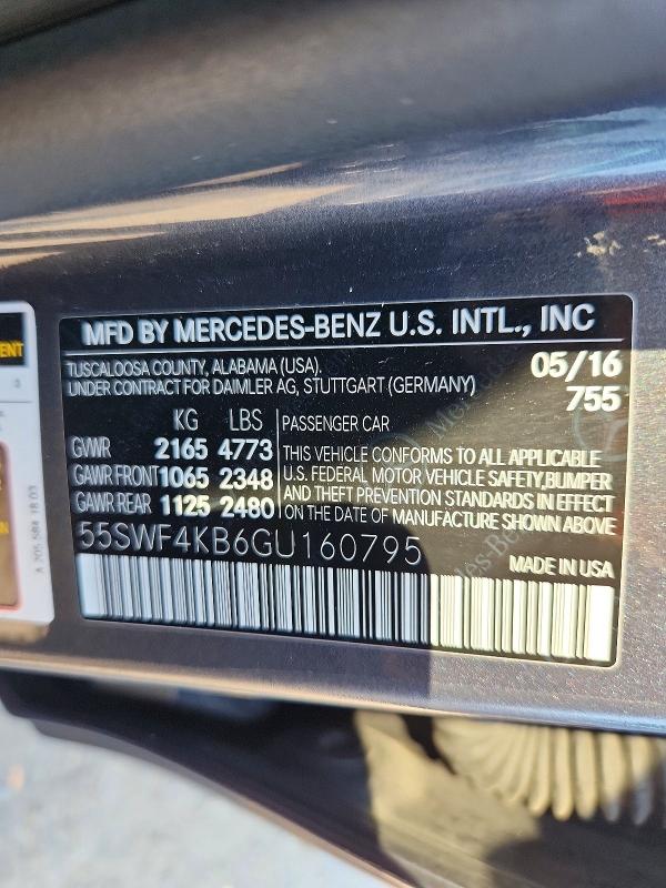 Продажа на аукционе авто 2016 Mercedes-benz C, vin: 55SWF4KB6GU160795, номер лота: 64763596