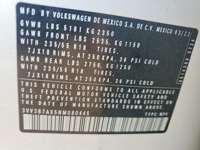 Продажа на аукционе авто 2022 Volkswagen Tiguan, vin: 3VV3B7AX5NM080445, номер лота: 66275286