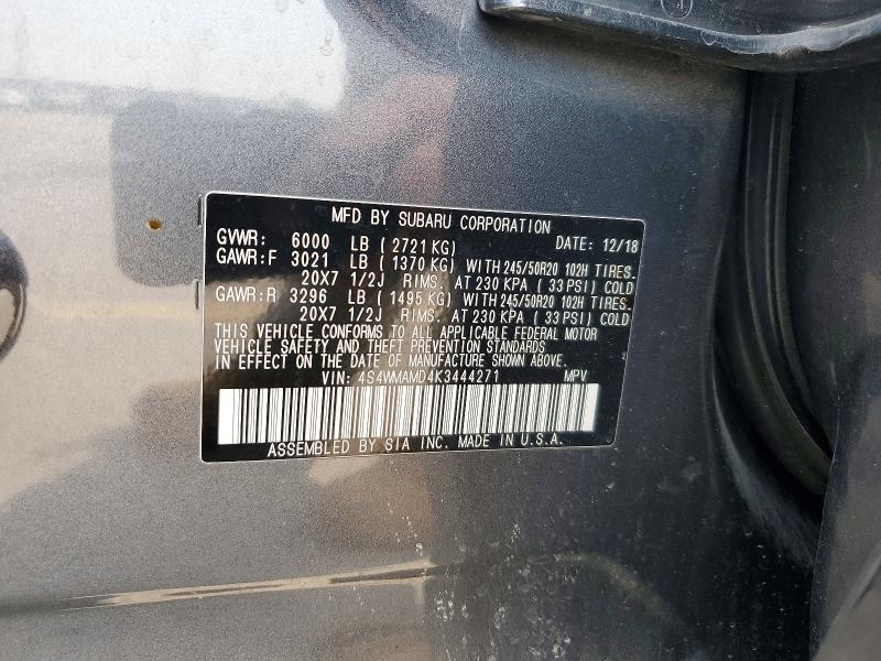 63579816 :رقم المزاد ، 4S4WMAMD4K3444271 vin ، 2019 Subaru Ascent مزاد بيع