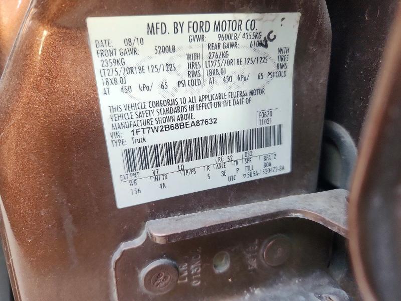 64111666 :رقم المزاد ، 1FT7W2B68BEA87632 vin ، 2011 Ford F250 مزاد بيع