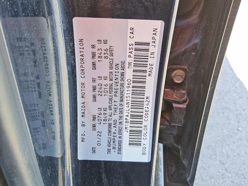2022 Mazda 3 მანქანა იყიდება აუქციონზე, vin: JM1BPAJL4N1511960, აუქციონის ნომერი: 65202726