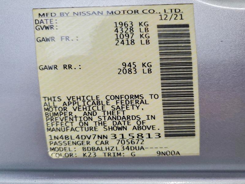 2022 Nissan Altima მანქანა იყიდება აუქციონზე, vin: 1N4BL4DV7NN315813, აუქციონის ნომერი: 65994946