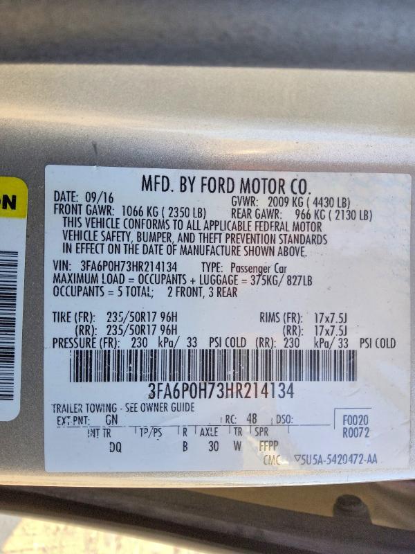 2017 Ford Fusion მანქანა იყიდება აუქციონზე, vin: 3FA6P0H73HR214134, აუქციონის ნომერი: 63046876