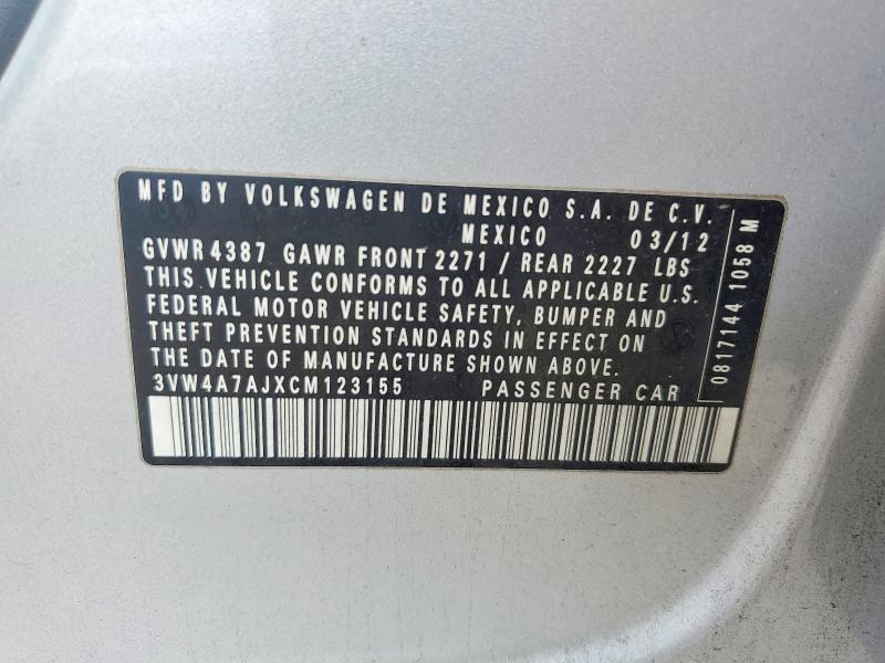 2012 Volkswagen Jetta მანქანა იყიდება აუქციონზე, vin: 3VW4A7AJXCM123155, აუქციონის ნომერი: 66241786