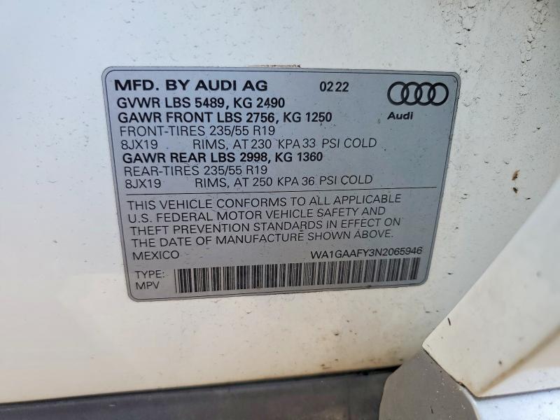 Aukcja sprzedaży 2022 Audi Q5, vin: WA1GAAFY3N2065946, numer aukcji: 63304396