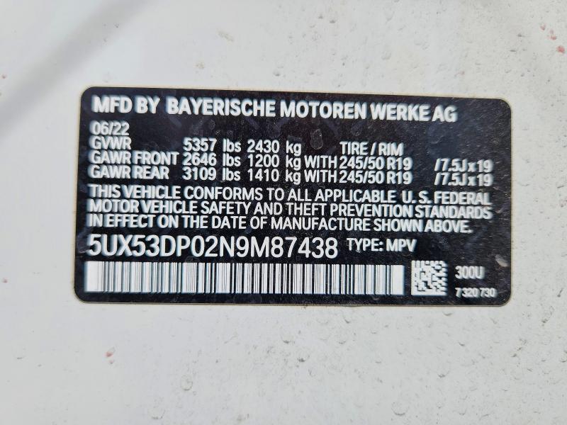 2022 Bmw X3 მანქანა იყიდება აუქციონზე, vin: 5UX53DP02N9M87438, აუქციონის ნომერი: 64248646