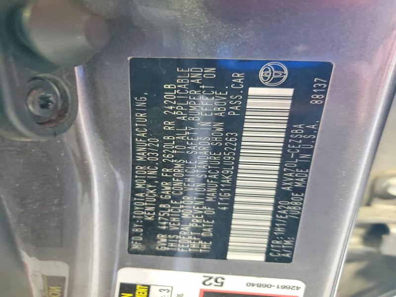 2020 Toyota Camry მანქანა იყიდება აუქციონზე, vin: 4T1G11AK9LU952263, აუქციონის ნომერი: 66734706