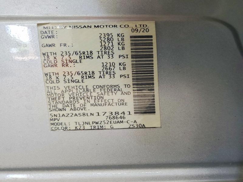 65446896 :رقم المزاد ، 5N1AZ2AS8LN173841 vin ، 2020 Nissan Murano مزاد بيع
