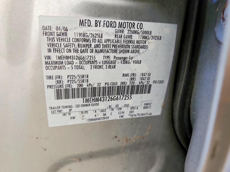 2006 Mercury Montego მანქანა იყიდება აუქციონზე, vin: 1MEHM43126G617255, აუქციონის ნომერი: 66915606