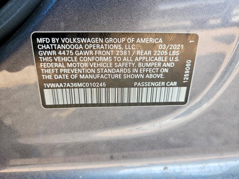 2021 Volkswagen Passat მანქანა იყიდება აუქციონზე, vin: 1VWAA7A36MC010245, აუქციონის ნომერი: 64969146