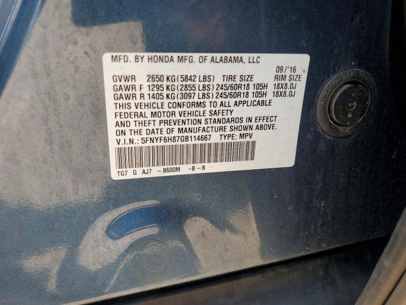 2016 Honda Pilot მანქანა იყიდება აუქციონზე, vin: 5FNYF6H87GB114667, აუქციონის ნომერი: 64449796