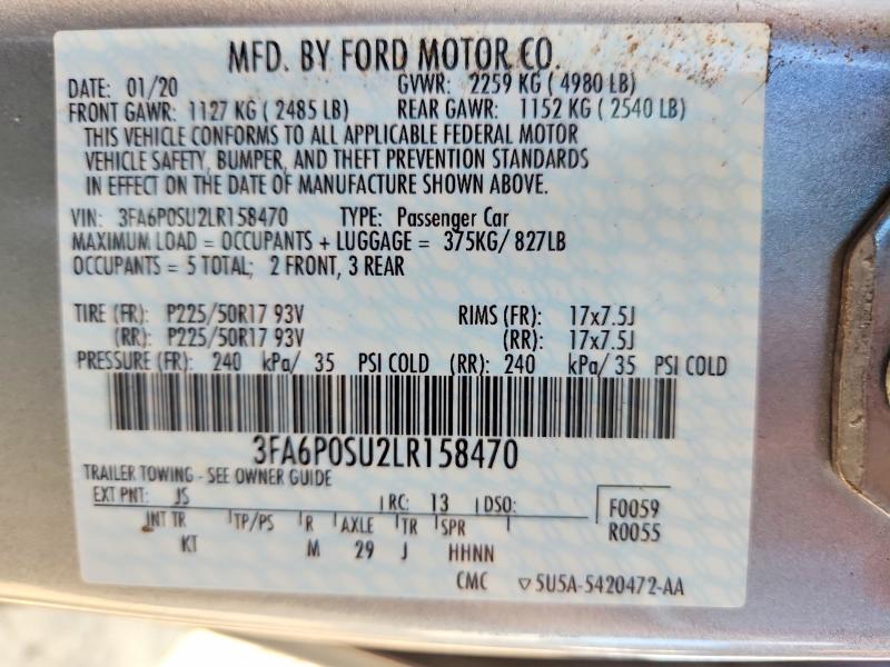 Aukcja sprzedaży 2020 Ford Fusion, vin: 3FA6P0SU2LR158470, numer aukcji: 63388886