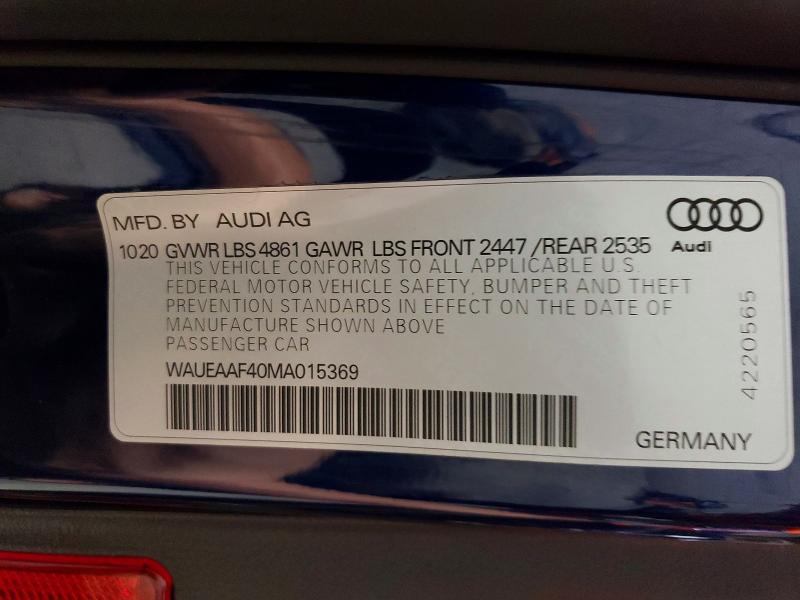 65212706 :رقم المزاد ، WAUEAAF40MA015369 vin ، 2021 Audi A4 مزاد بيع