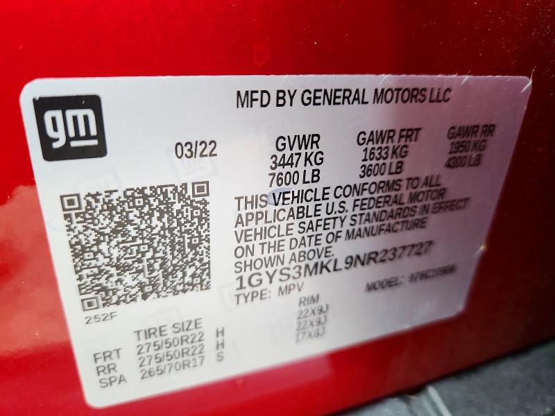 2022 Cadillac Escalade მანქანა იყიდება აუქციონზე, vin: 1GYS3MKL9NR237727, აუქციონის ნომერი: 66708806