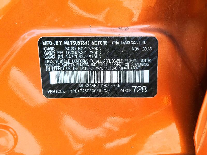 63236806 :رقم المزاد ، ML32A5HJ1KH004758 vin ، 2019 Mitsubishi Mirage مزاد بيع
