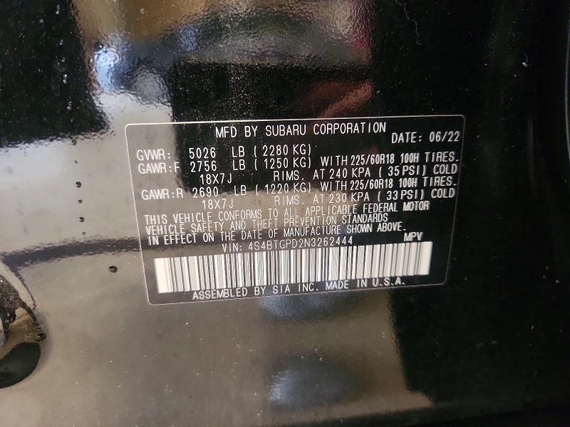 64705196 :رقم المزاد ، 4S4BTGPD2N3262444 vin ، 2022 Subaru Outback مزاد بيع